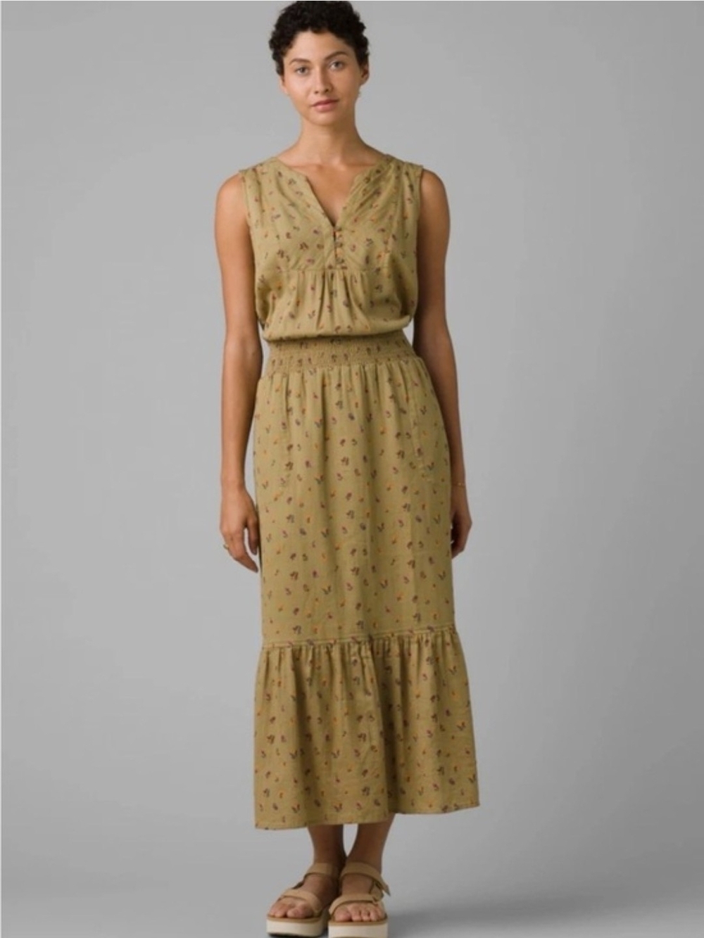 prAna California Dreaming Green Floral Organic Cotton Sleeveless Midi Dress XS